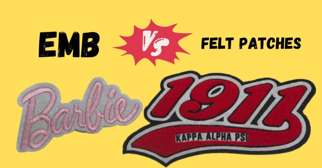 1200 by 628 pixels size featured image with yellow background showing side by side comparison of emb patch on left BARBIE in pink thread, 1911 KAPPA ALPHA PSI double felt red chenille yarn embroidered on the right
