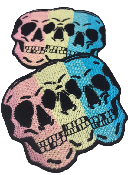 multi shed full stitch embroidered skull of three in one emb patch with blank background